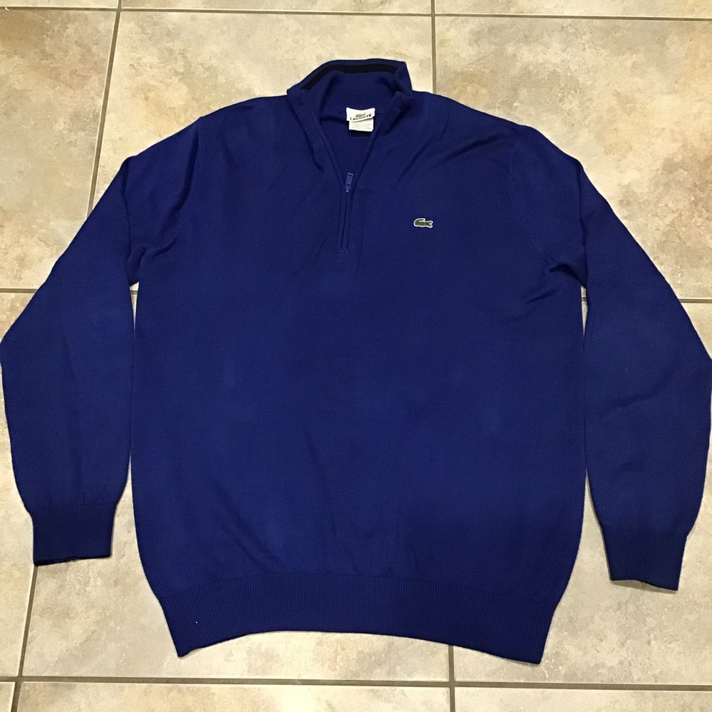 Lacoste Pullover Sweater Ribbed 1/4 Zip Blue Crocodile Tennis - Mens Medium (5)